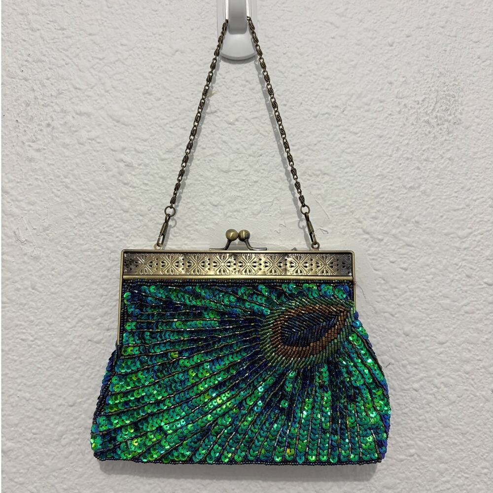 Peacock Beaded Sequin Handbag Chain Purse Coin Purse